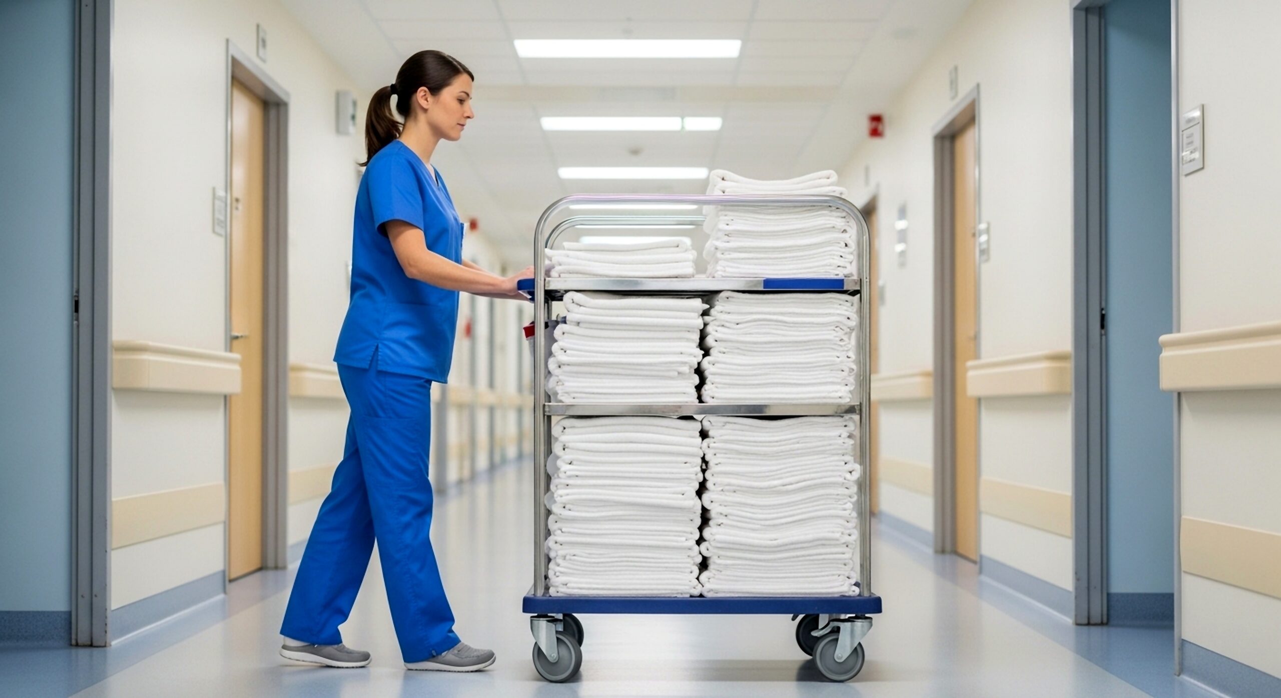 Nurse in blue scrubs pushing a trolley filled with stacked folded linen in a hospital corridor.